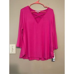 Peter Nygard Pink Crisscross V-Neck Rayon Long Sleeve Shirt Petite Large